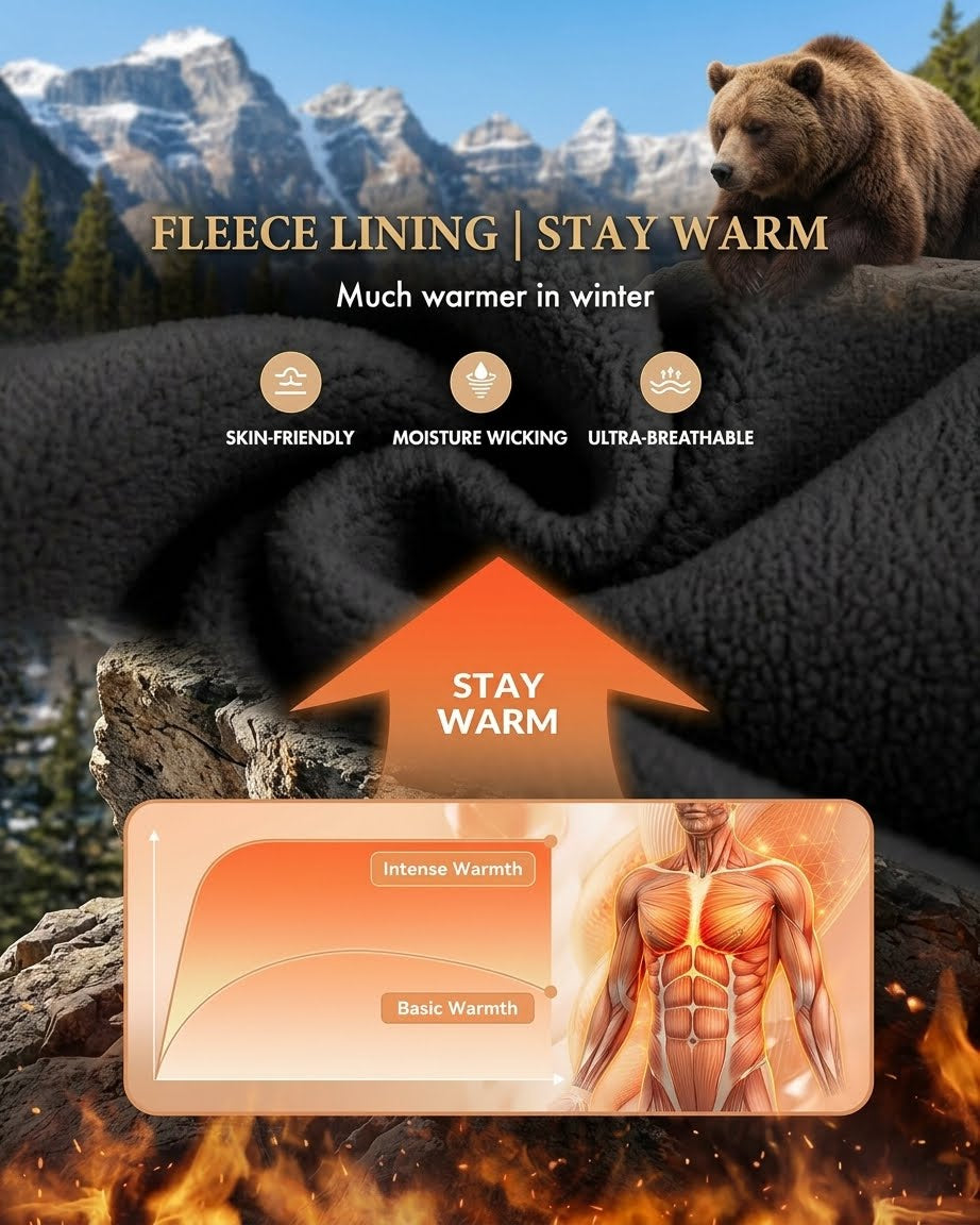 A promotional graphic for a fleece-lined winter blanket. A large dark charcoal/black fleece blanket is draped across a mountain-and-forest scene, with a brown bear standing on the upper right.