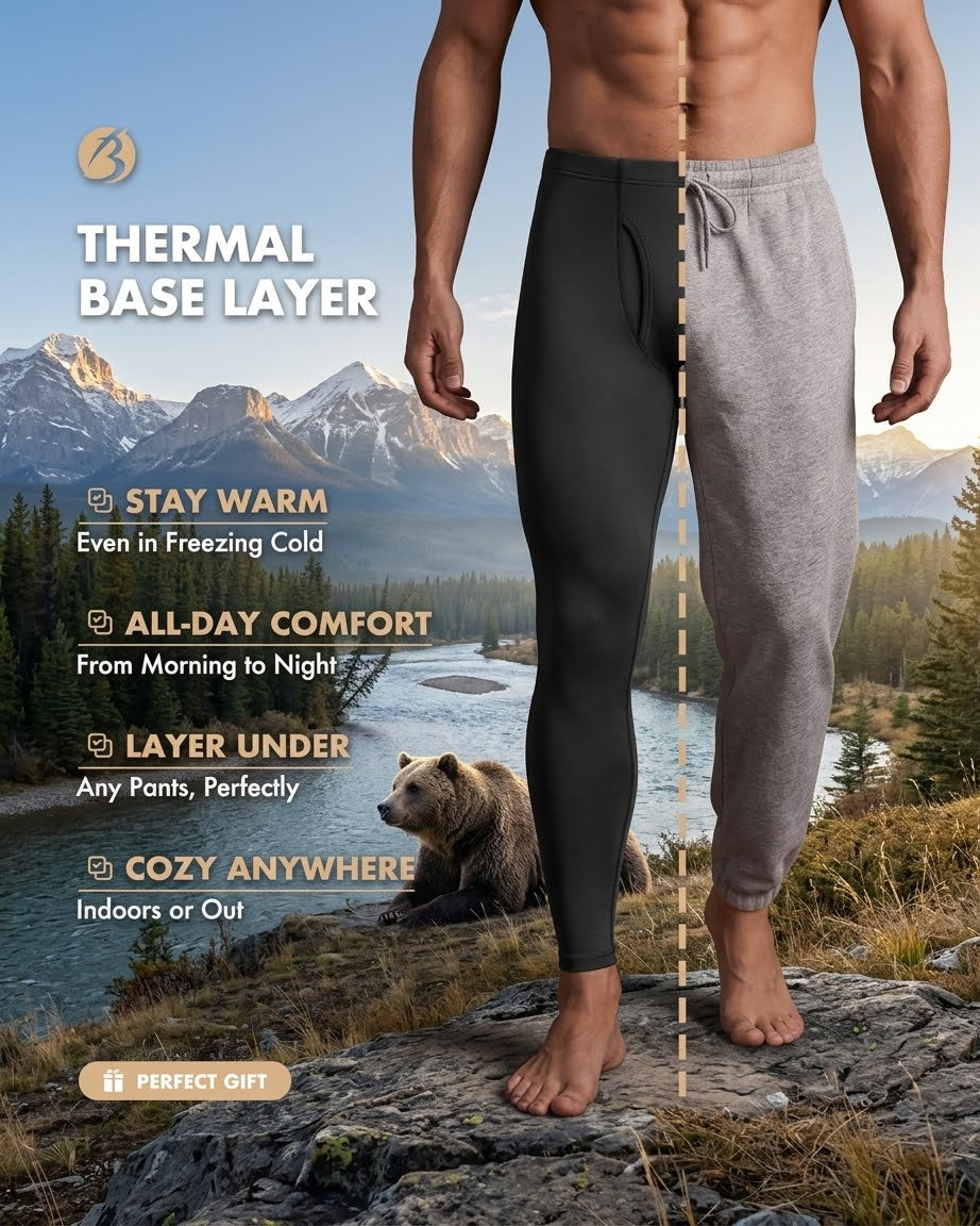 A promotional graphic showing a cropped male model standing outdoors in a mountain landscape, wearing a black thermal base layer on one leg and a heather gray pair of pants on the other. Large text lists benefits such as staying warm, all-day comfort, layering under any pants, and cozy anywhere.