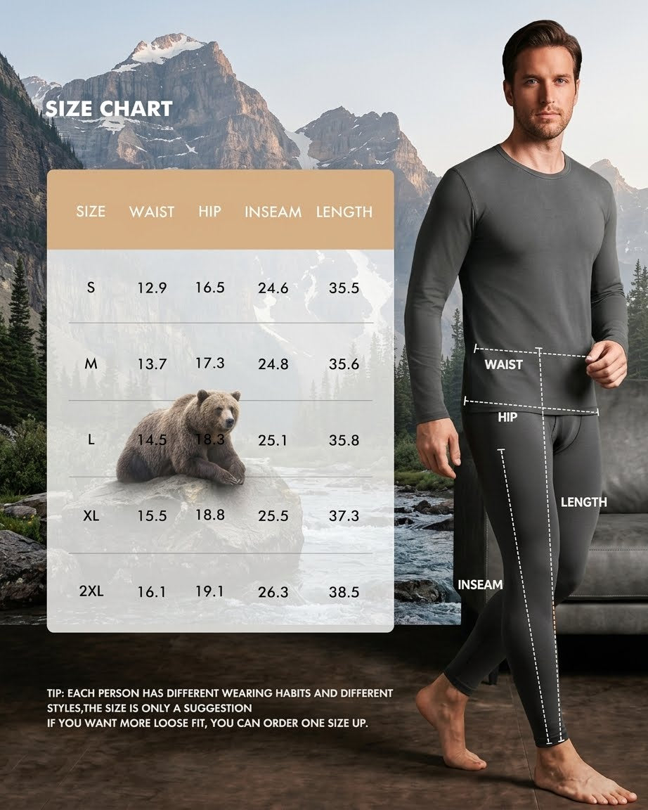 A size chart graphic overlaid on a man wearing a dark gray long-sleeve base layer and leggings, with mountain scenery in the background. The chart lists waist, hip, inseam, and length measurements for sizes S through 2XL, and the image includes a tip about different wearing habits.