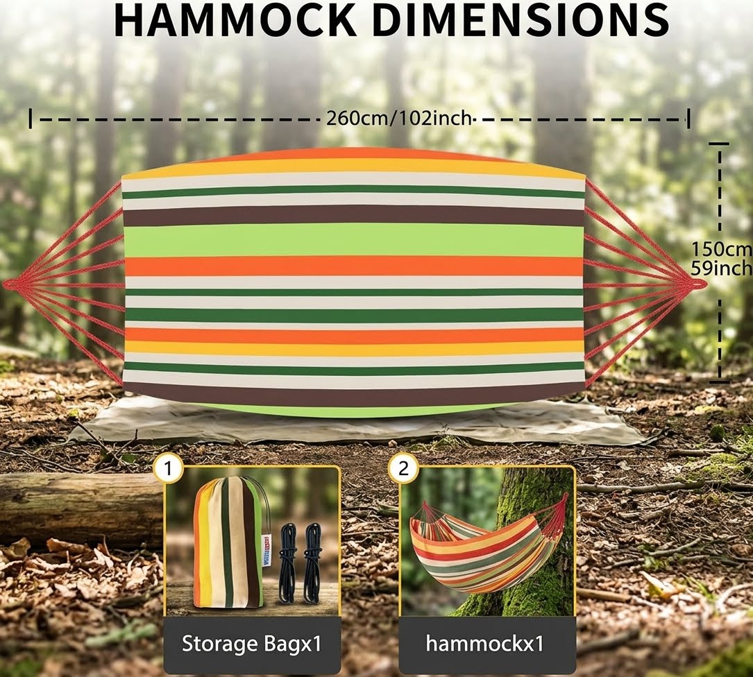 A dimension diagram for a striped camping hammock shown in a forest setting, with text indicating 260cm by 150cm measurements. Two inset boxes at the bottom show a storage bag and the hammock itself.