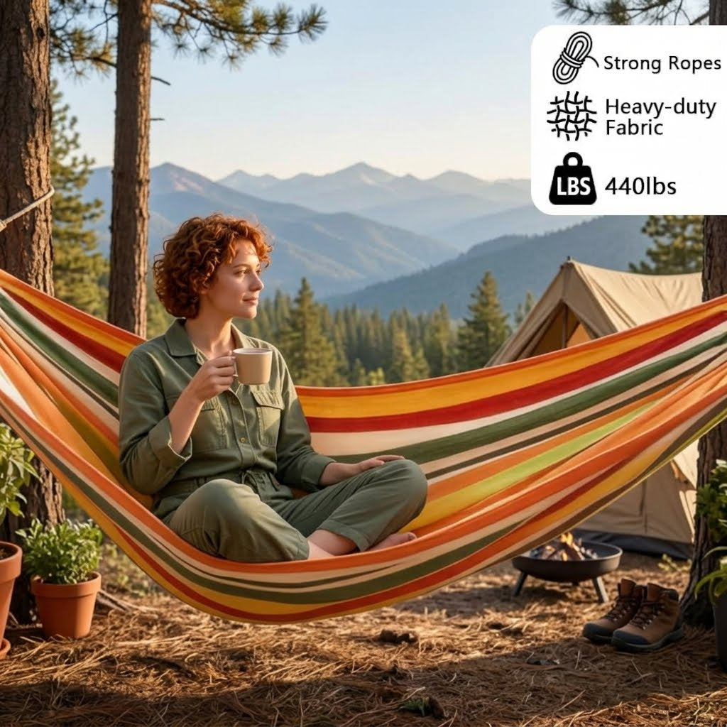 A woman sits cross-legged in a striped camping hammock outdoors in a forest with mountains and a tent in the background. The hammock has orange, yellow, green, and brown stripes.