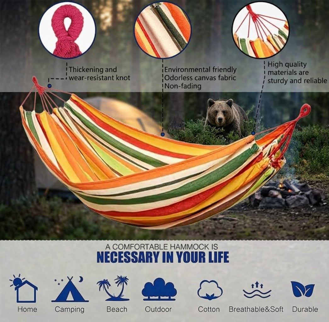 A striped canvas hammock in orange, yellow, green, and white is shown outdoors in a forest setting with a bear and campfire in the background. Three circular callout graphics at the top highlight product features, and a banner at the bottom lists use cases like home, camping, beach, and outdoor.