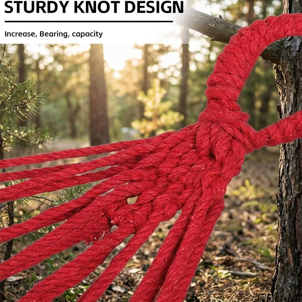 A bright red braided rope or cord tied around a tree trunk outdoors, with text at the top reading 'STURDY KNOT DESIGN' and smaller text 'Increase, Bearing, capacity'. The background is a blurred forest scene.