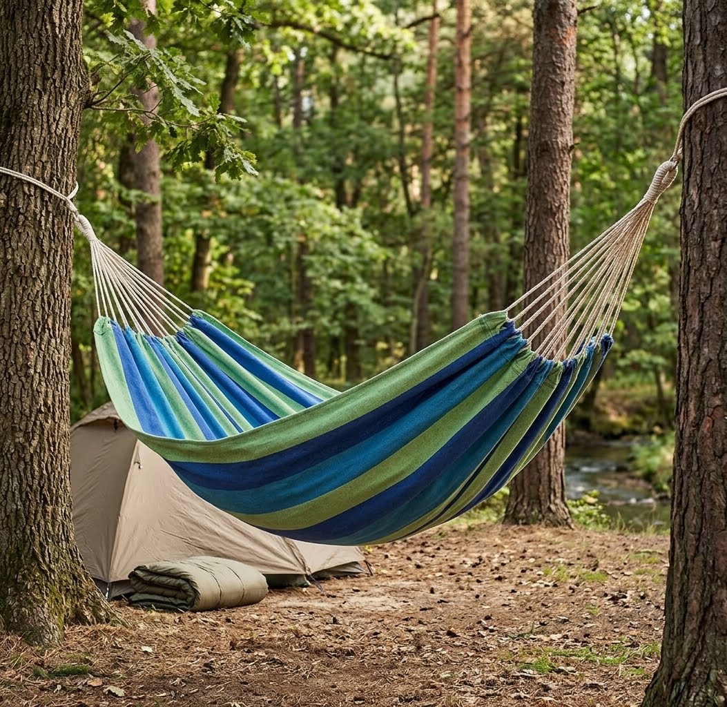 A striped camping hammock in shades of blue, green, and navy hangs between two trees in a forest setting, with a beige tent and rolled sleeping bag below. big green bear biggreenbear.com