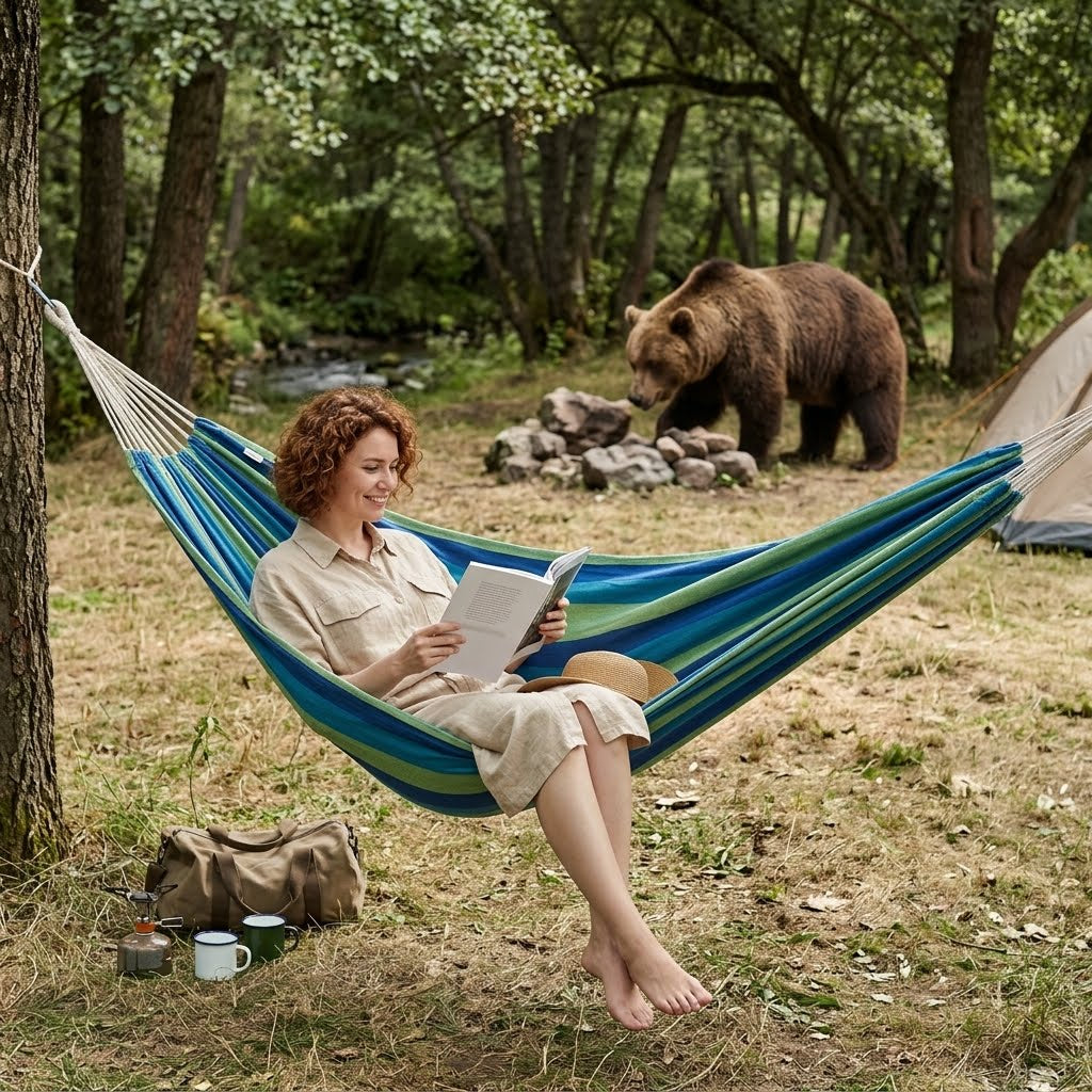 A woman relaxes in a blue and green striped camping hammock, reading a book in a wooded outdoor setting. A large brown bear is visible in the background near a tent and camp gear.