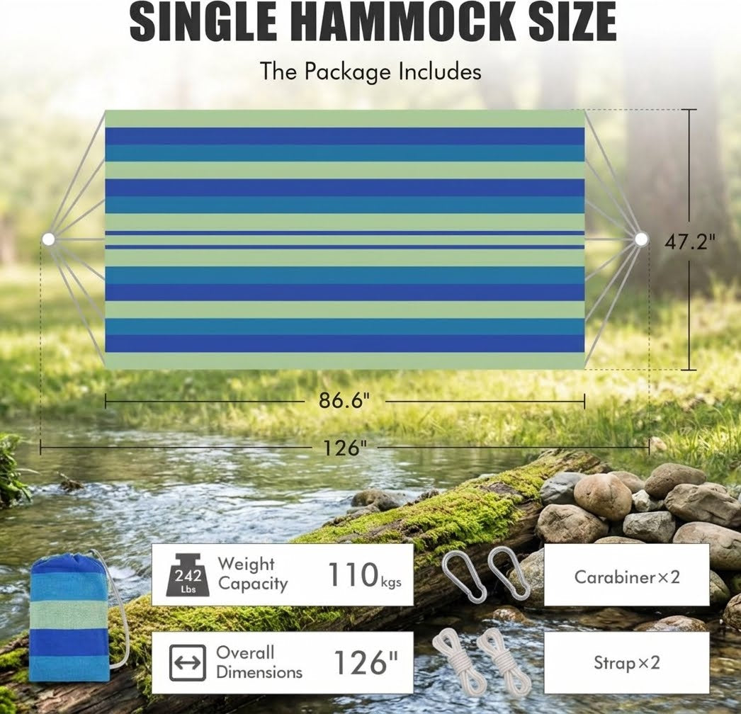 A product infographic for a single hammock size, showing a striped blue and green hammock with dimensions labeled 86.6 x 126 x 47.