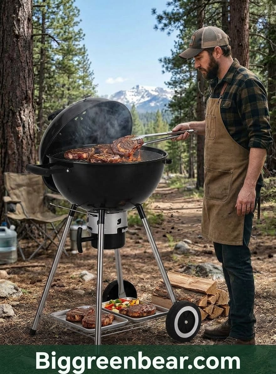 A man wearing a tan apron and baseball cap grills meat on a large black kettle-style outdoor barbecue grill with a metal stand and wheels in a forest setting. A Biggreenbear.