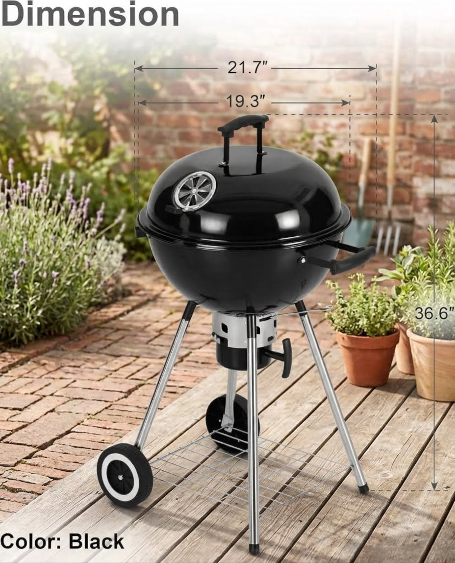 A black kettle-style outdoor charcoal grill on a wooden deck with brick patio flooring and potted plants in the background. White dimension lines and text overlay show measurements of 21.