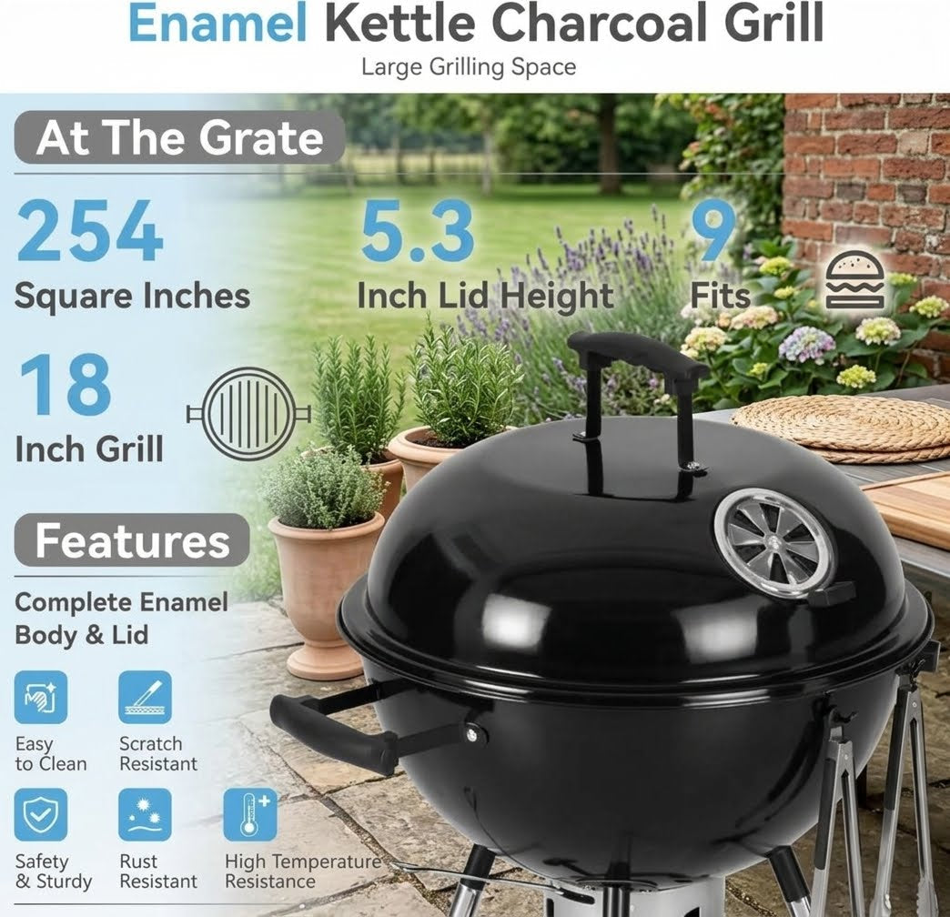 Black enamel kettle charcoal grill with a lid and legs, shown outdoors on a patio with informational text and feature icons overlaid on the image.