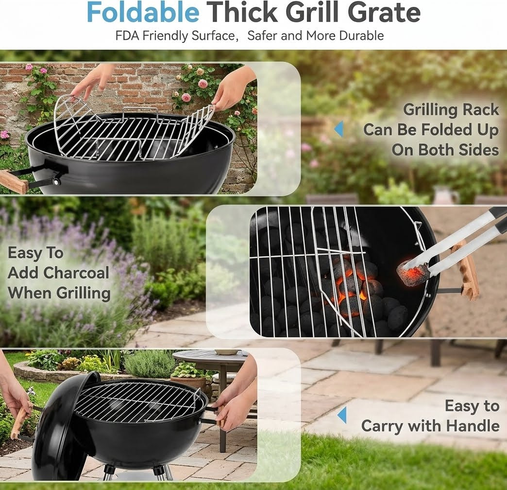 Foldable thick grill grate shown in a collage with outdoor grilling scenes. The black round grill basket is folded down into a handle, demonstrated being lifted into and placed over a black kettle-style grill.