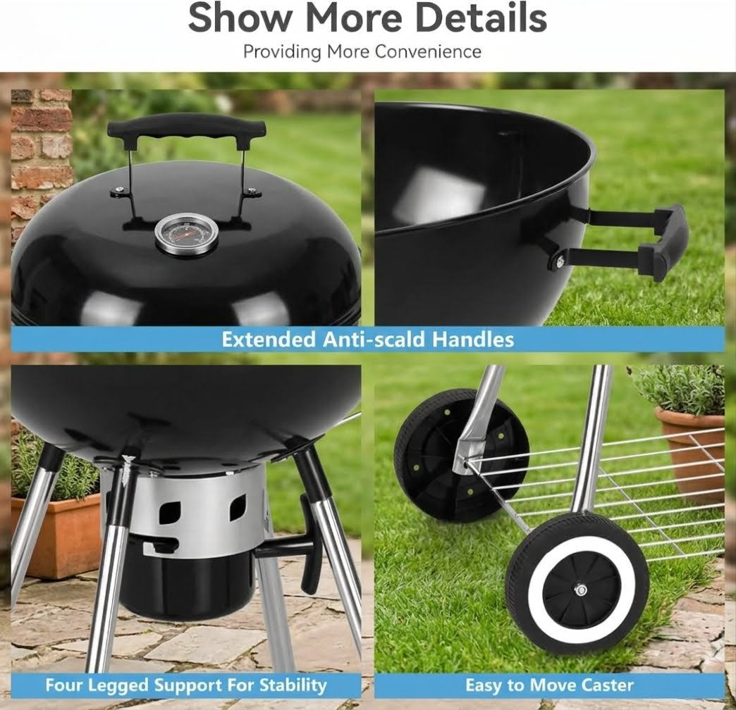 A four-panel product feature collage for a black kettle-style outdoor grill. The panels show close-ups of the lid with extended anti-scald handles, the interior of the grill, four-legged support legs, and a wheeled caster bar, with text labels and a grassy patio background.