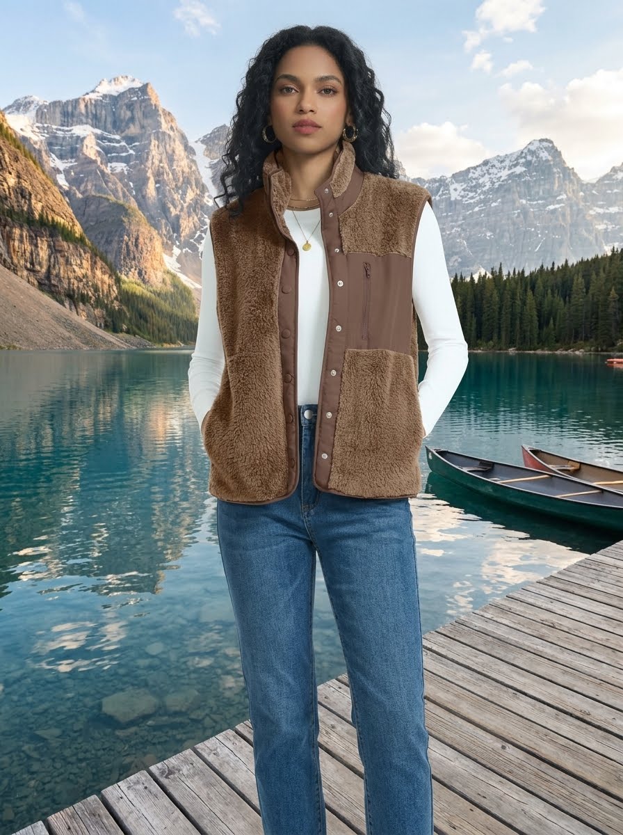 A woman stands on a wooden dock by a turquoise lake with mountains in the background, wearing a brown sherpa-lined button-front vest over a white long-sleeve top and blue jeans.