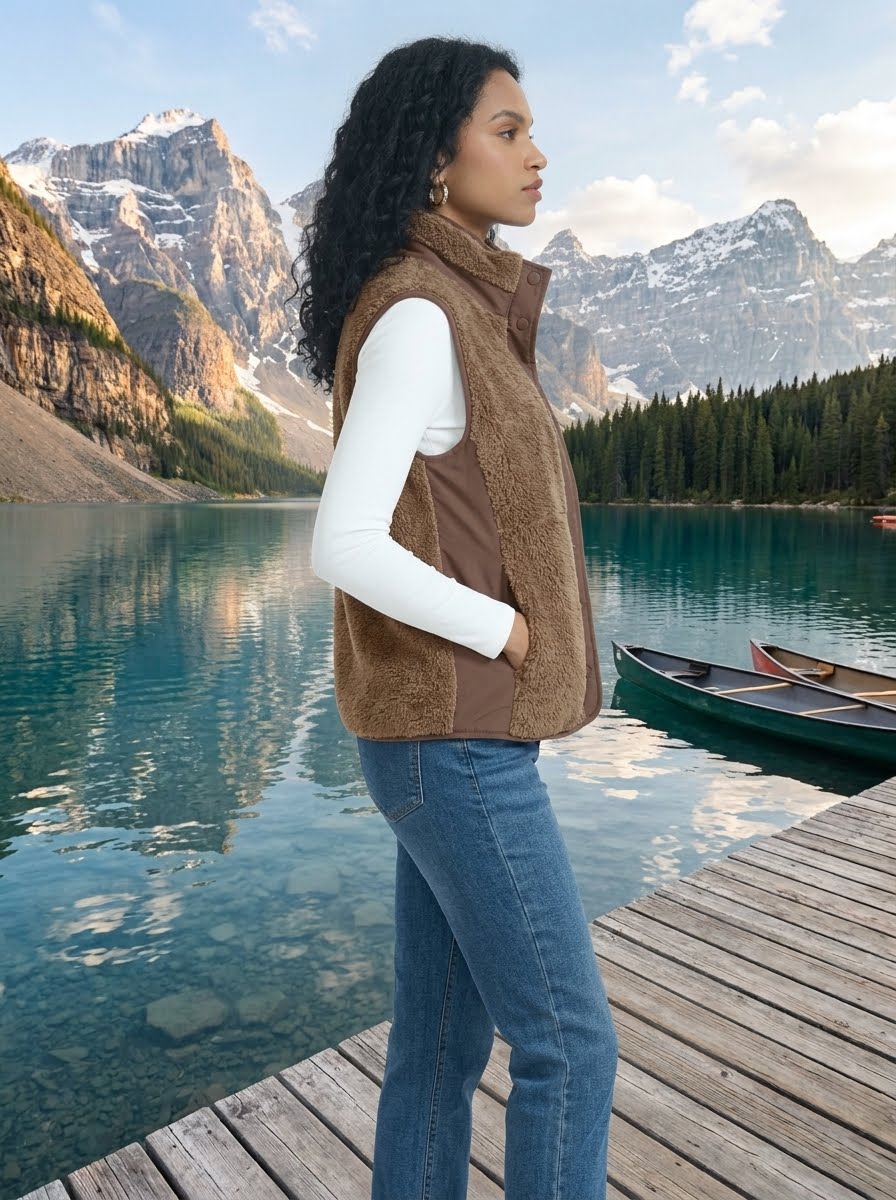 A woman stands on a wooden dock by a turquoise lake with snow-capped mountains in the background, wearing a brown fleece vest over a white long-sleeve top and blue jeans.