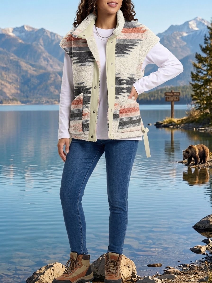 A woman stands by a lake with mountains and trees in the background, wearing a cream sherpa vest with a Southwestern-style geometric pattern in beige, gray, and terracotta over a white long-sleeve shirt, blue jeans, and brown hiking boots.