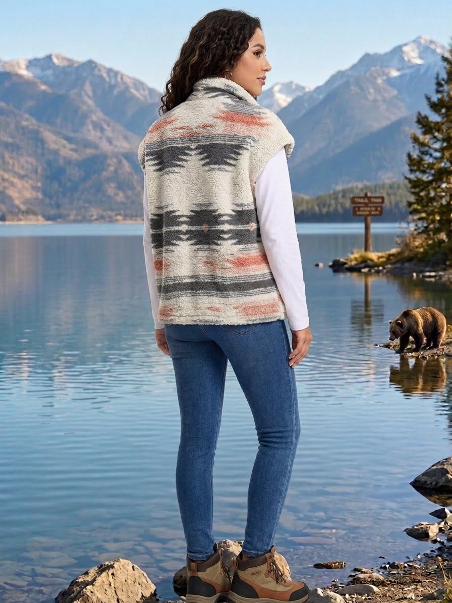 A woman stands by a calm lake with mountains in the background, wearing a sleeveless knit vest with a Southwestern geometric pattern in beige, gray, black, and terracotta over a white long-sleeve shirt and blue jeans.