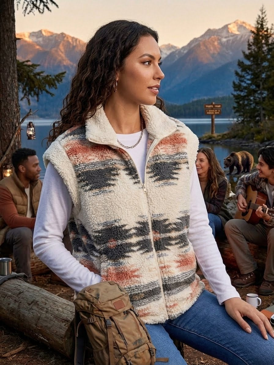 A woman sitting outdoors by a lake with mountains in the background wears a sherpa-lined zip-front vest with a Southwestern-style geometric pattern in cream, black, rust orange, and gray. She is also wearing a white long-sleeve shirt and blue jeans, with a tan backpack beside her.