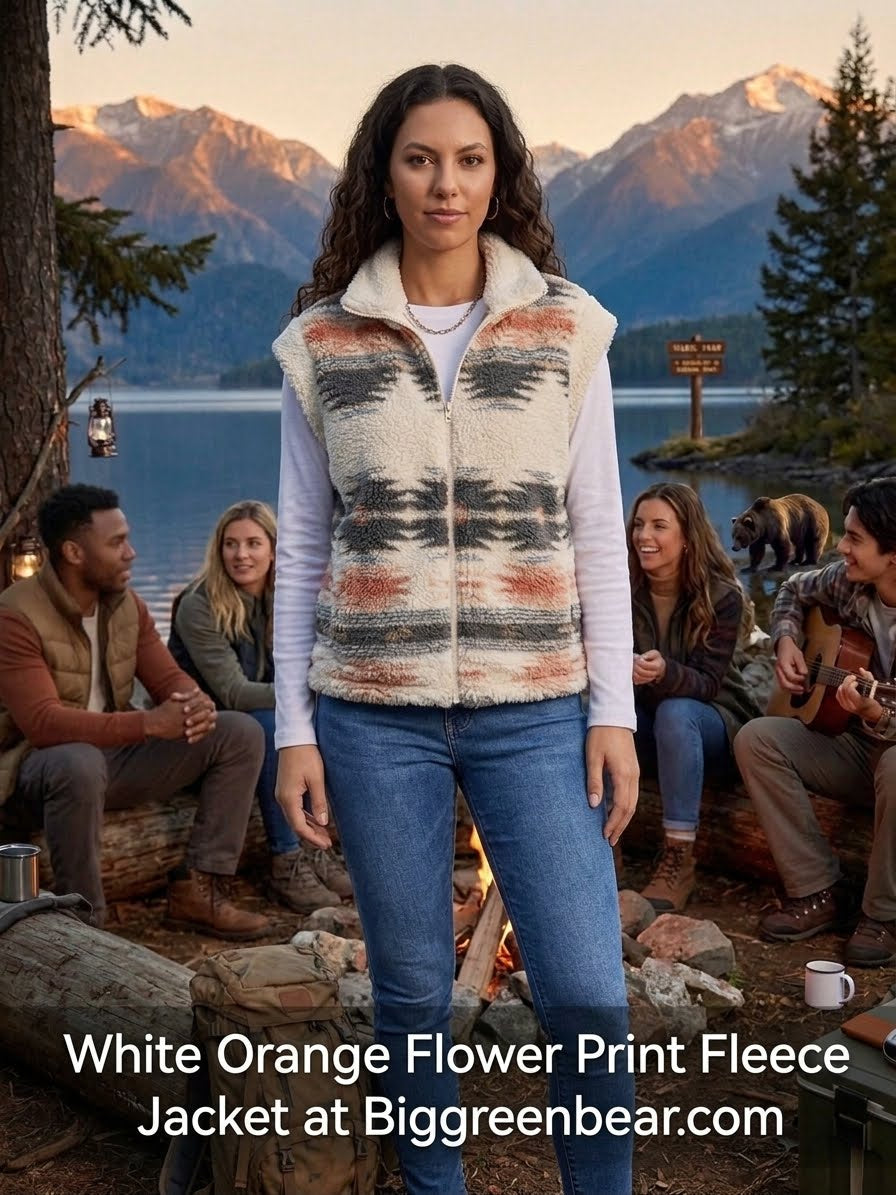 A woman stands outdoors in front of a campfire with mountains and a lake in the background, wearing a white fleece jacket with an orange, black, and gray Southwestern-style floral pattern. Text at the bottom reads 'White Orange Flower Print Fleece Jacket at Biggreenbear.