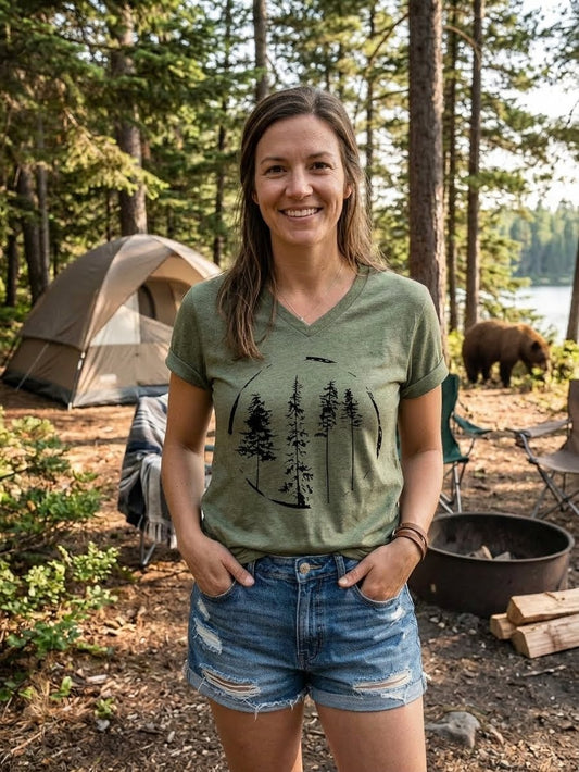 A woman stands in a forest campsite wearing an olive green V-neck t-shirt with a black forest tree graphic and blue denim shorts. A tent, fire pit, and lake are visible in the background. big green bear.com biggreenbear.com