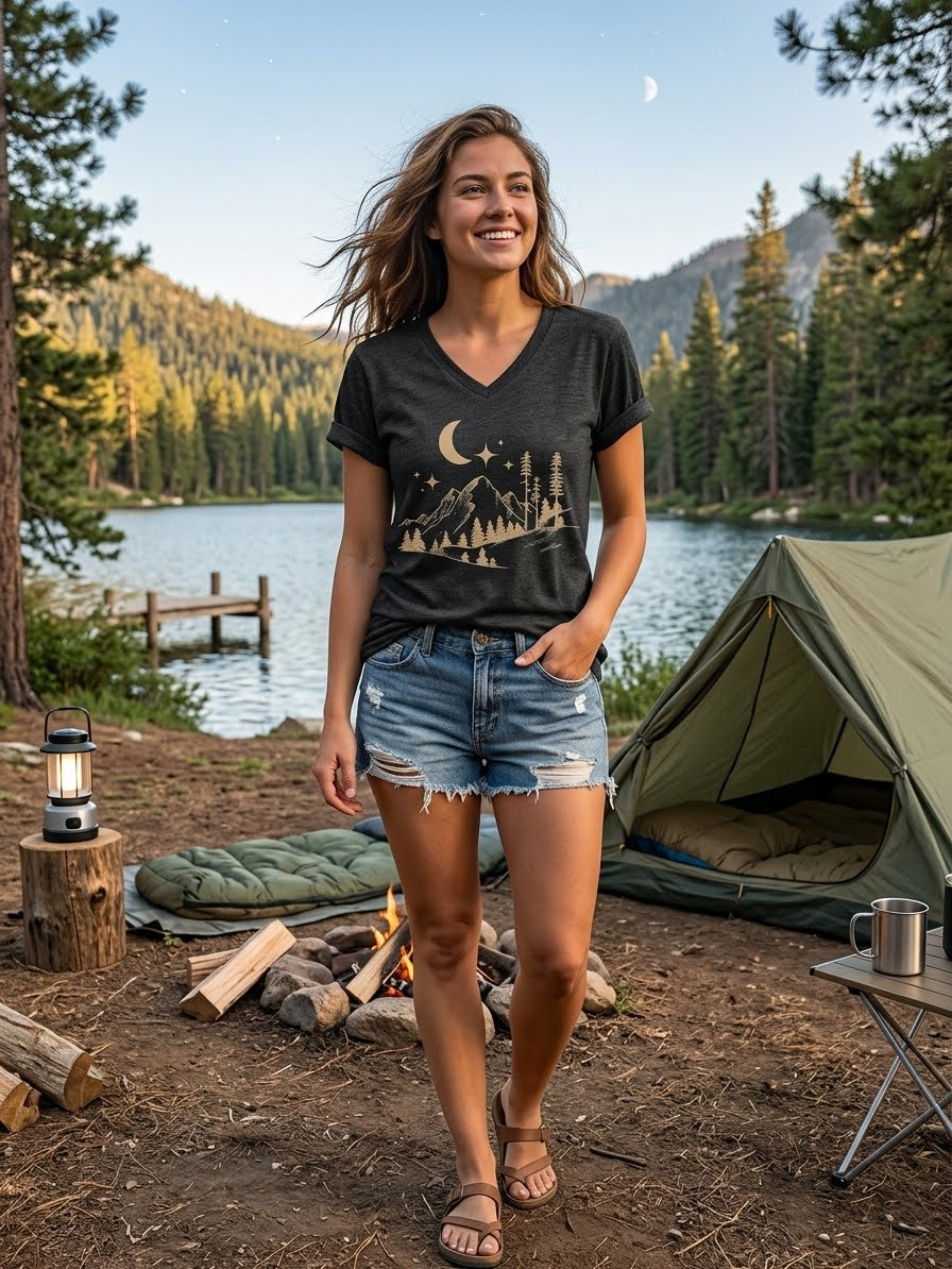 A woman stands at a lakeside campsite wearing a dark charcoal gray v-neck t-shirt with a beige mountain and moon graphic, paired with denim shorts. A green tent, a small campfire, and a lantern are visible in the background. ig green bear biggreenbear.com