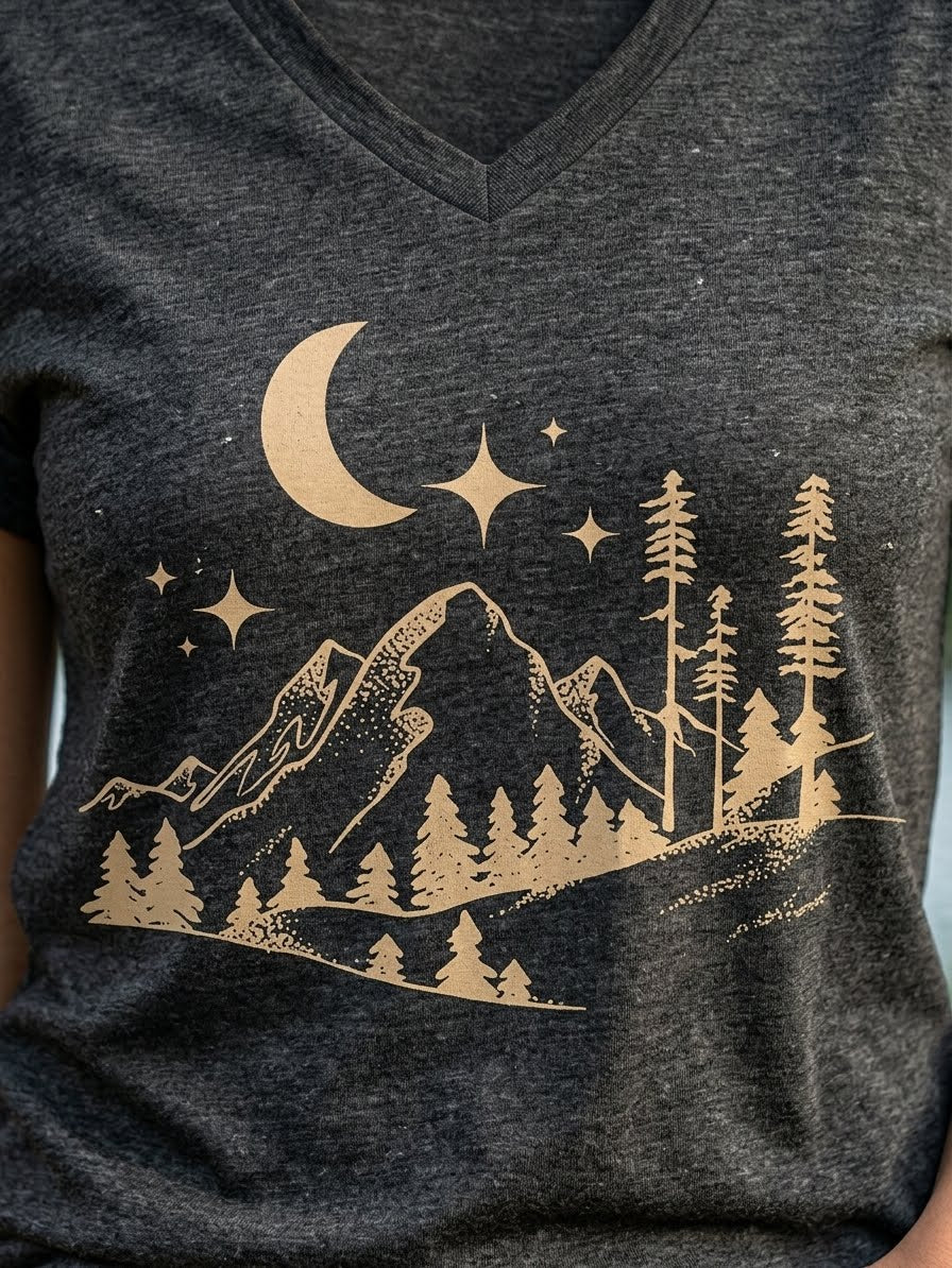 A close-up of a dark heather gray v-neck t-shirt featuring a gold-colored graphic print of a mountain landscape under a crescent moon and stars.