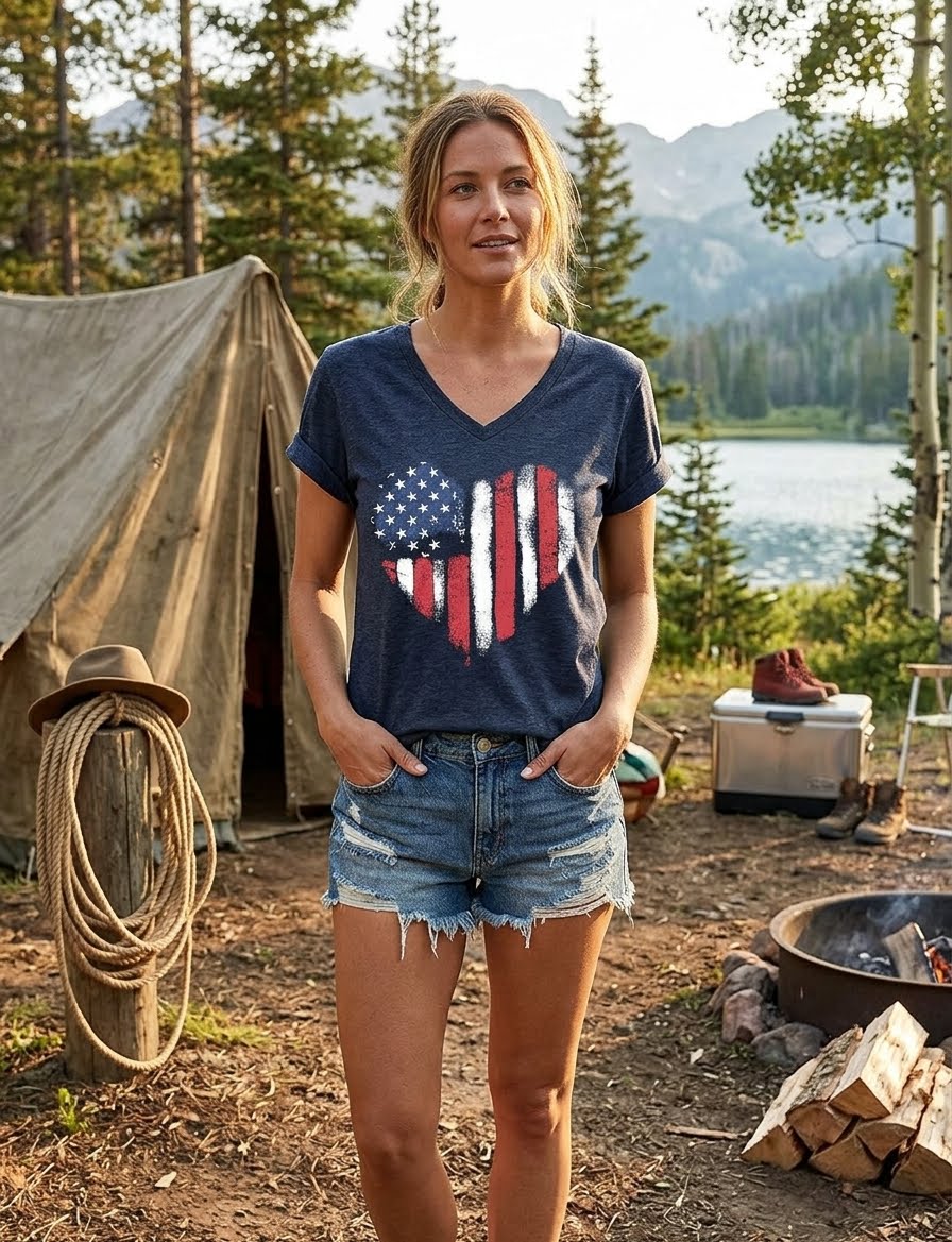 A woman stands outdoors in a campsite setting wearing a navy blue V-neck t-shirt with a distressed American flag and heart graphic, paired with denim shorts. A canvas tent, coiled rope, and mountains are visible in the background.