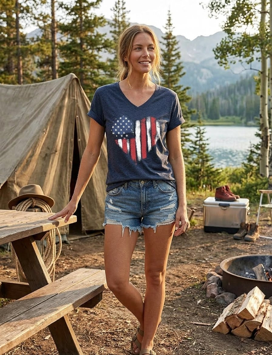 A woman stands outdoors at a lakeside campsite wearing a navy blue V-neck t-shirt with a distressed American flag graphic, paired with denim shorts. A canvas tent, picnic table, and fire pit are visible in the background.