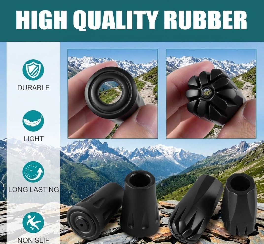 Four black hiking boot crampons shown in a promotional collage with the text 'HIGH QUALITY RUBBER' at the top and feature icons on the left. The collage includes close-up views of the crampons being held in hands against a mountain background, plus three additional crampons standing on rocks in the foreground.