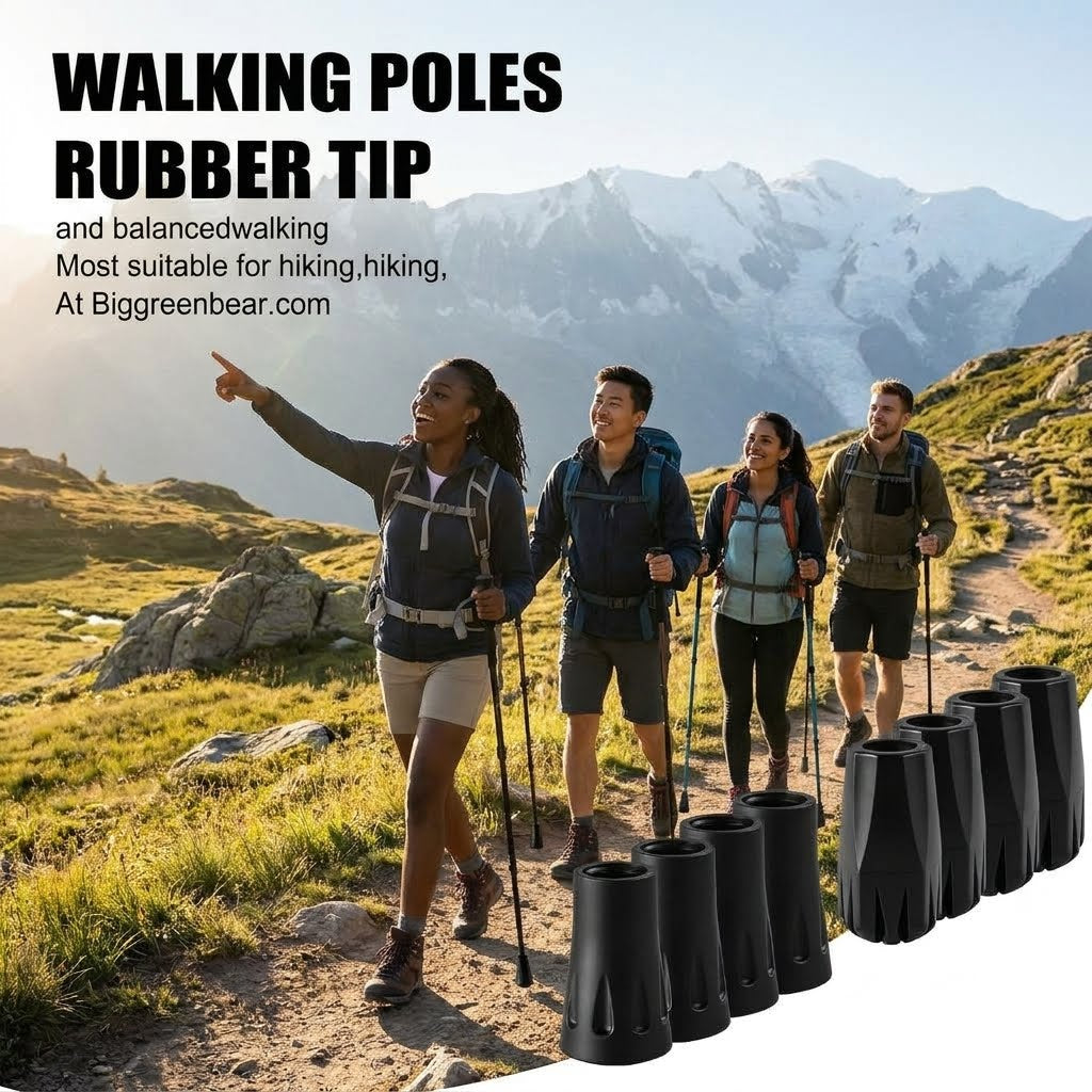 A group of four hikers on a mountain trail using black walking poles with rubber tips, alongside a row of additional black poles. The image features promotional text reading 'WALKING POLES RUBBER TIP' and 'At Biggreenbear.