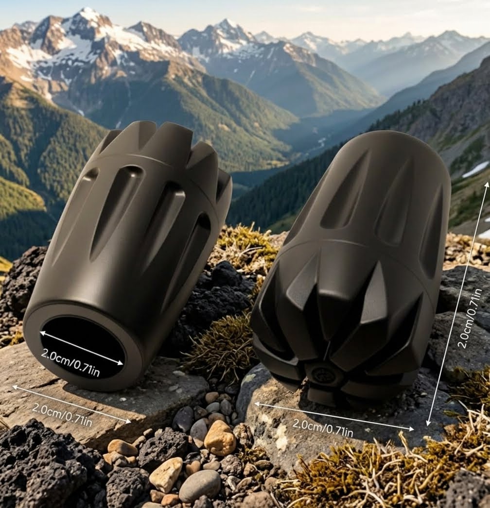 Two matte black cylindrical outdoor accessories with a ribbed, ergonomic design are shown on rocks in a mountain landscape. White dimension lines and text indicate a width of 2.