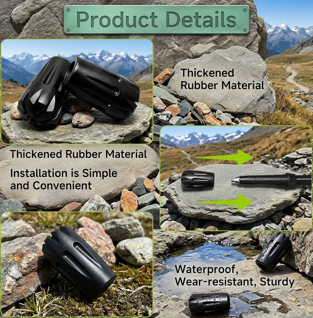 Product details collage showing a black cylindrical outdoor accessory in rocky mountain settings, with text highlighting thickened rubber material, simple installation, and waterproof/sturdy performance.