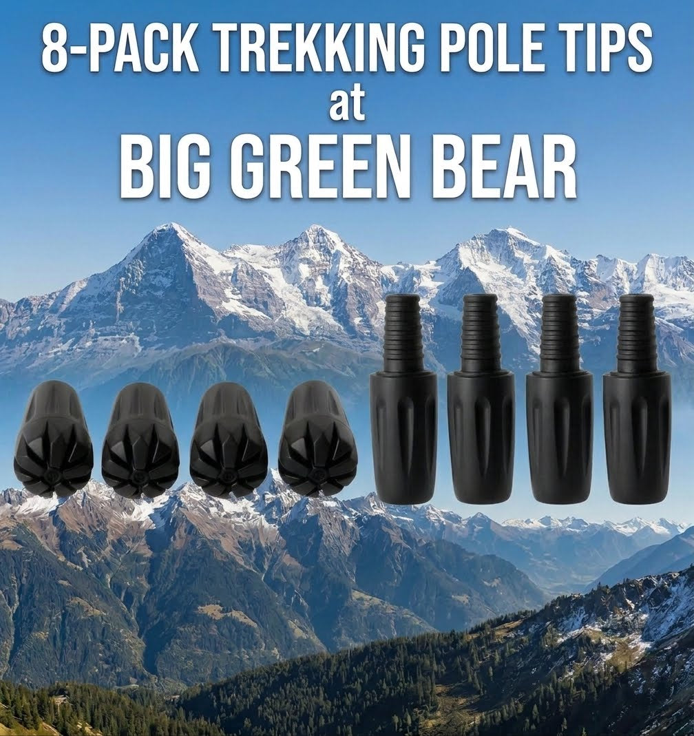 Eight black trekking pole tips displayed against a mountain landscape background, with large text reading '8-PACK TREKKING POLE TIPS at BIG GREEN BEAR'.