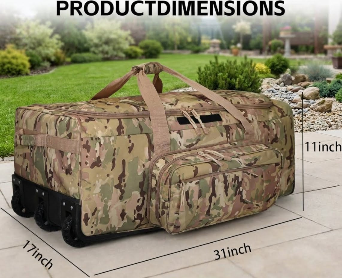 A camouflage rolling duffel bag with wheels and top handles sits outdoors on a patio, with overlaid dimension lines and text reading product dimensions including 17 inch, 31 inch, and 11 inch measurements.