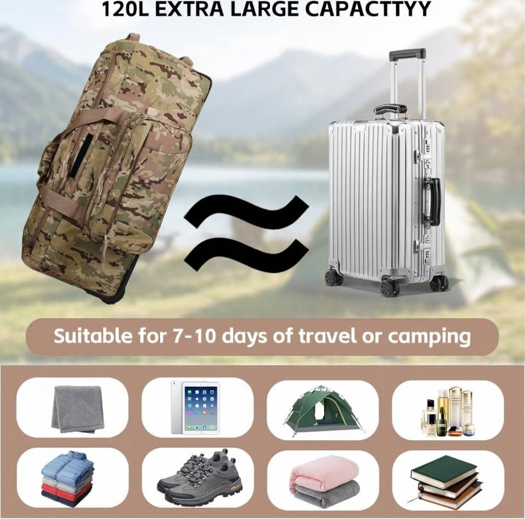 A promotional comparison graphic showing a large camouflage duffel bag on the left and a silver hard-shell suitcase on the right, with the text '120L EXTRA LARGE CAPACITYY' at the top and 'Suitable for 7-10 days of travel or camping' below. Small travel-related items are pictured along the bottom.