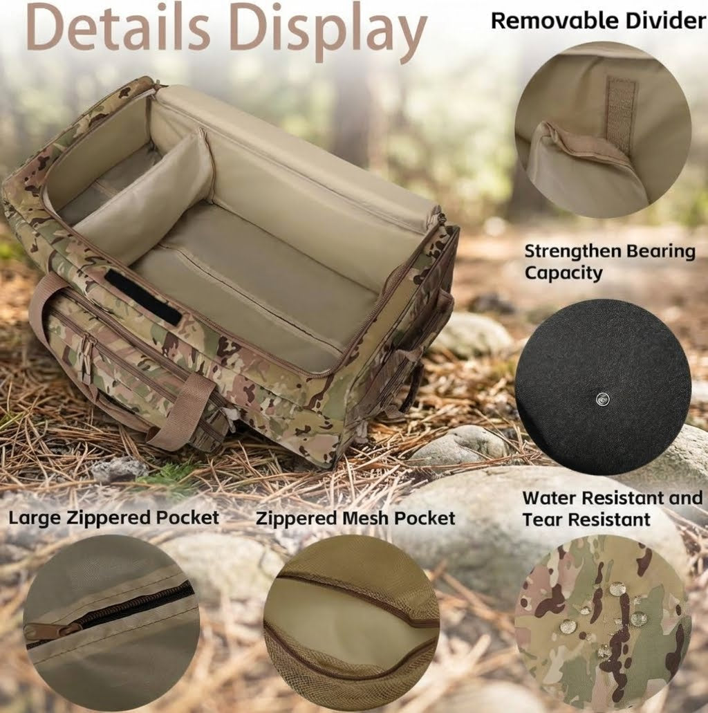 A camouflage tactical gear bag shown outdoors with labeled detail callouts about interior features, including a removable divider, strengthening bearing capacity, large zippered pocket, zippered mesh pocket, water resistance, and tear resistance.
