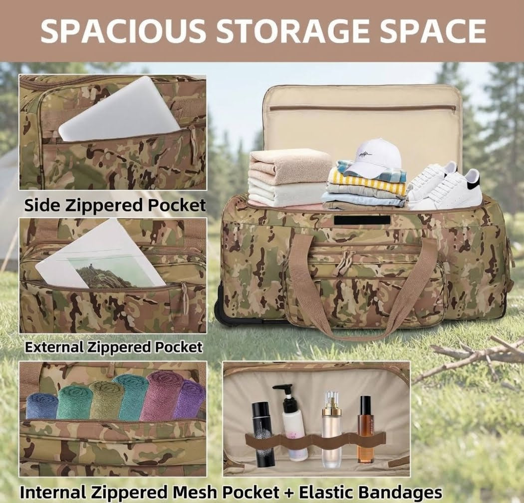 A camouflage duffel bag shown in an outdoor grassy setting with text overlays highlighting features: side and external zippered pockets, elastic bandages, and an internal mesh pocket. The top banner reads 'SPACIOUS STORAGE SPACE.