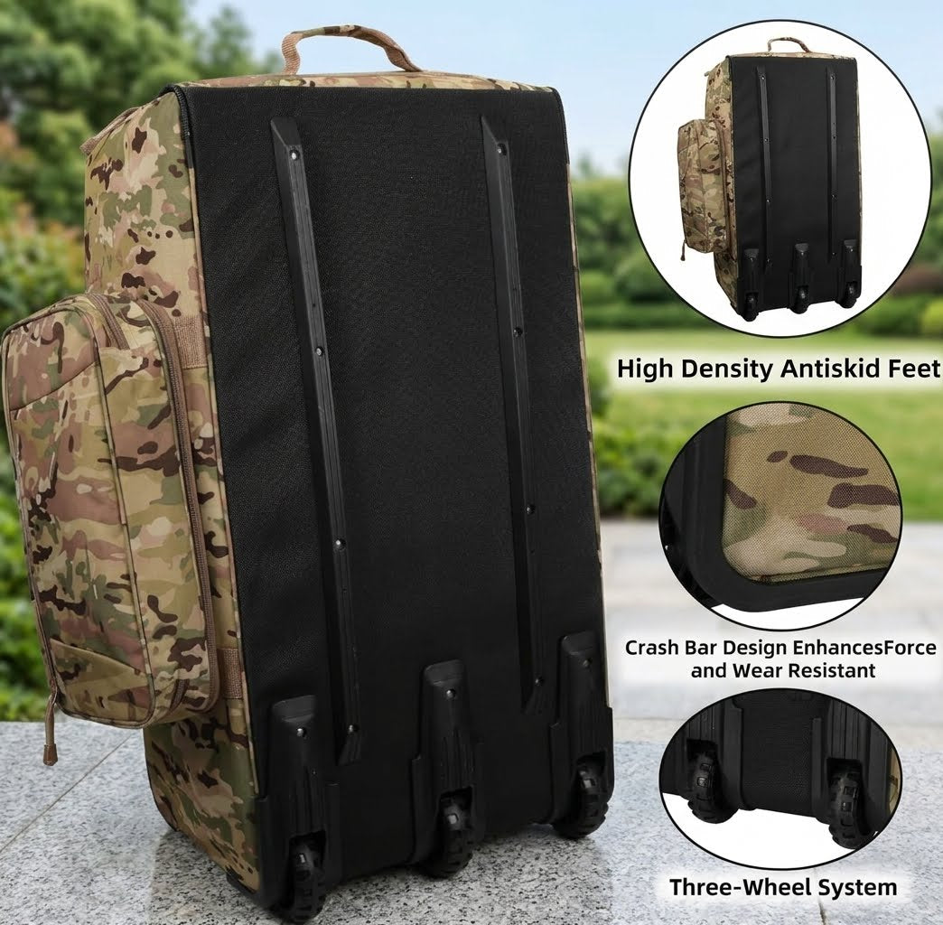 A black rolling suitcase with a camouflage-patterned side pocket and top handle, shown outdoors on a stone surface with three circular inset callouts highlighting features like high density antiskid feet, crash bar design, and three-wheel system.