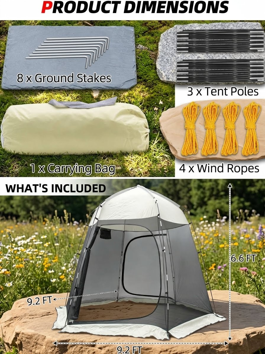 Product dimensions and included items for a pop-up camping tent. The top section shows the tent components laid out on grass: 8 ground stakes, 3 tent poles, 4 wind ropes, and 1 carrying bag, with text labels.