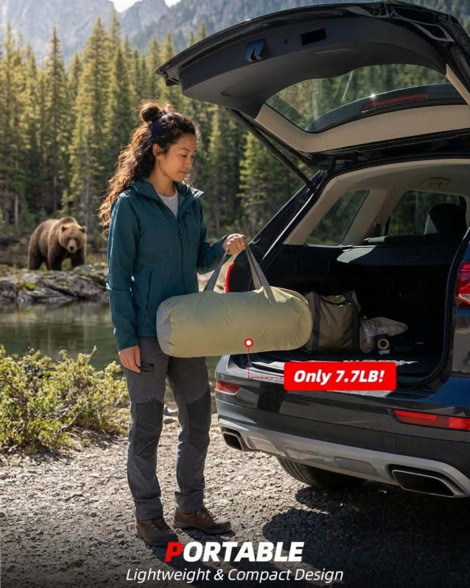 A woman standing outdoors by an open SUV trunk carries a large, compact, light-colored camping bag. The background shows a forest and a river with a bear, and there is a red text overlay that reads 'Only 7.