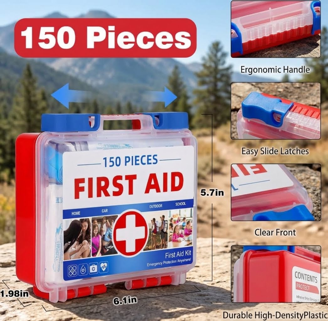 • Open 150-piece travel first aid kit displaying sorted medical supplies including bandages, antiseptic wipes, tourniquet, tweezers, and examination gloves.