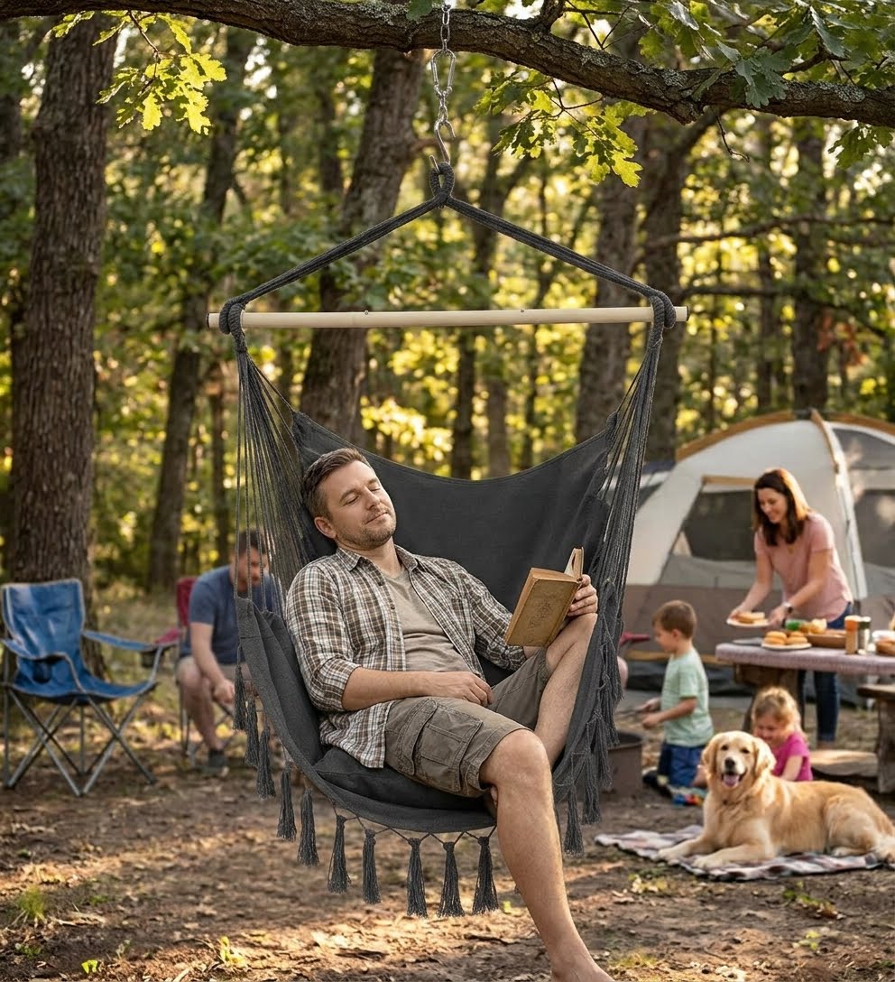 A man relaxes in a dark gray fabric hanging hammock swing suspended from a tree at a forest campsite, reading a book. A woman, children, a dog, and a tent are visible in the background. big green bear biggreenbear.com