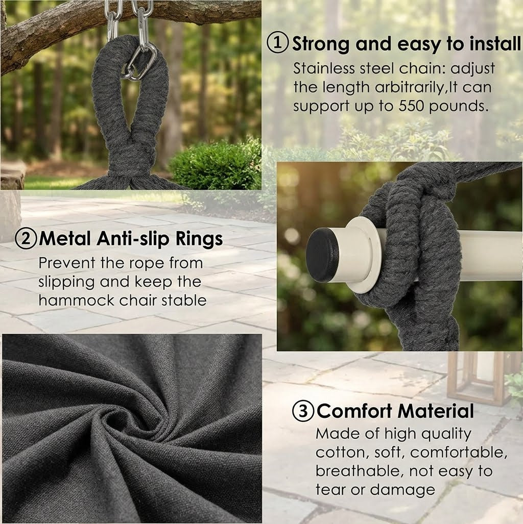 A 3-panel product feature collage for a dark gray hammock chair rope. The top-left panel shows the rope hanging from a metal chain on a tree branch.