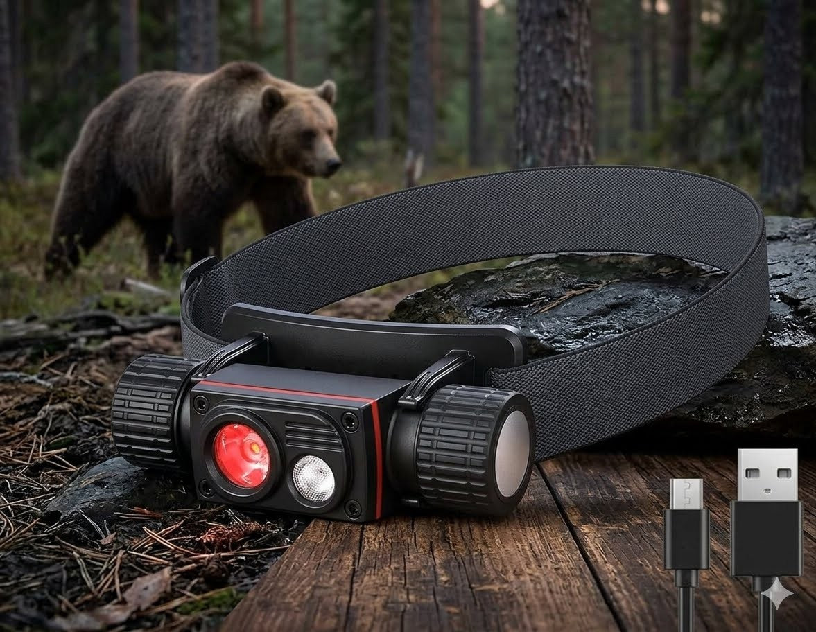 "Professional 1000 lumen dual-beam headlamp with red and white LED lenses, displayed on a rustic wood surface in a forest setting with a bear in the background." Big Green Bear