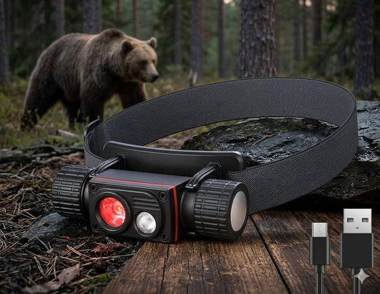 "Professional 1000 lumen dual-beam headlamp with red and white LED lenses, displayed on a rustic wood surface in a forest setting with a bear in the background." Big Green Bear