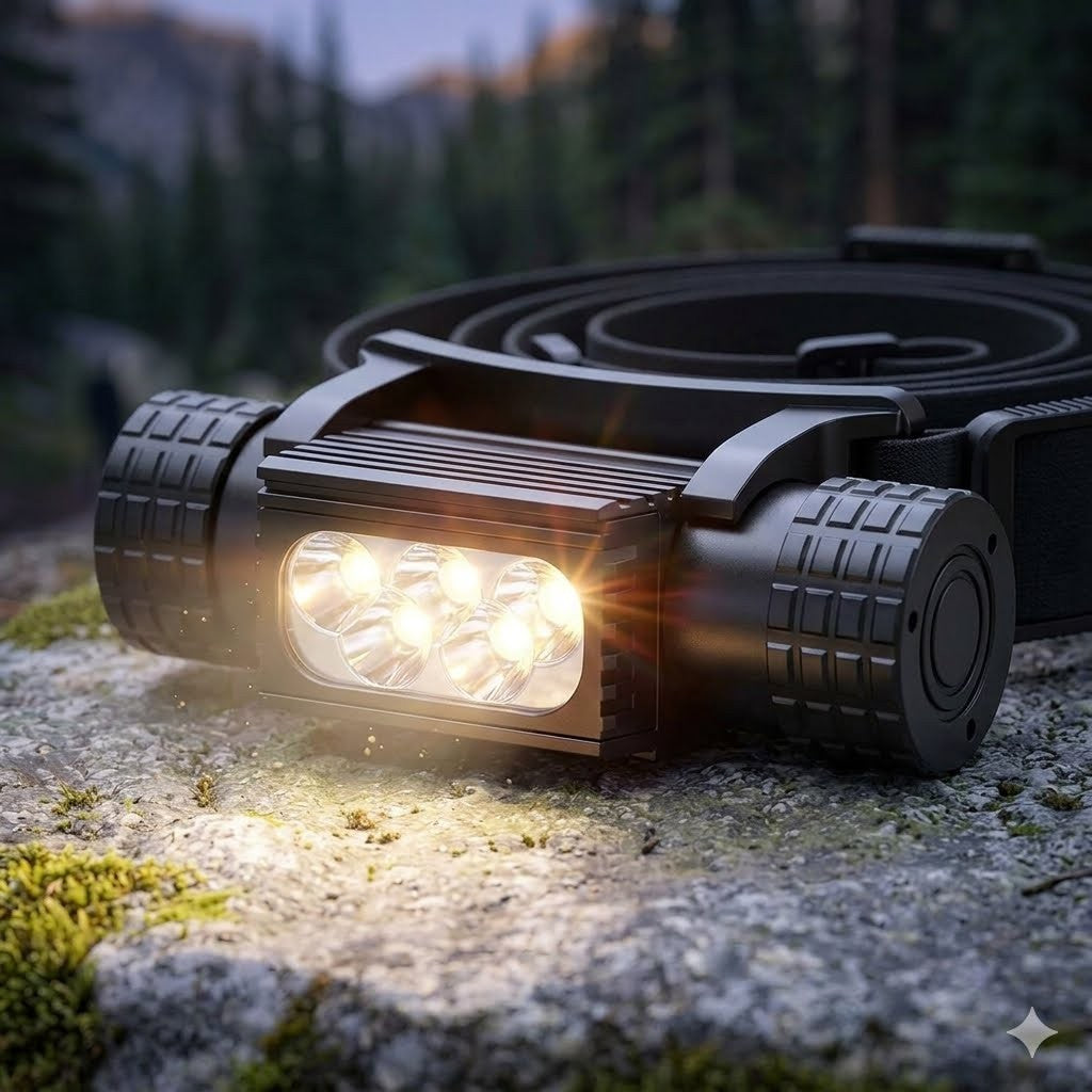 “Exploded view diagram of a high-power 2000 lumen LED headlamp showing internal components: 2600mAh battery, aircraft-grade alloy body, and USB-C port, set against a forest background with a bear.” Biggreenbear.com