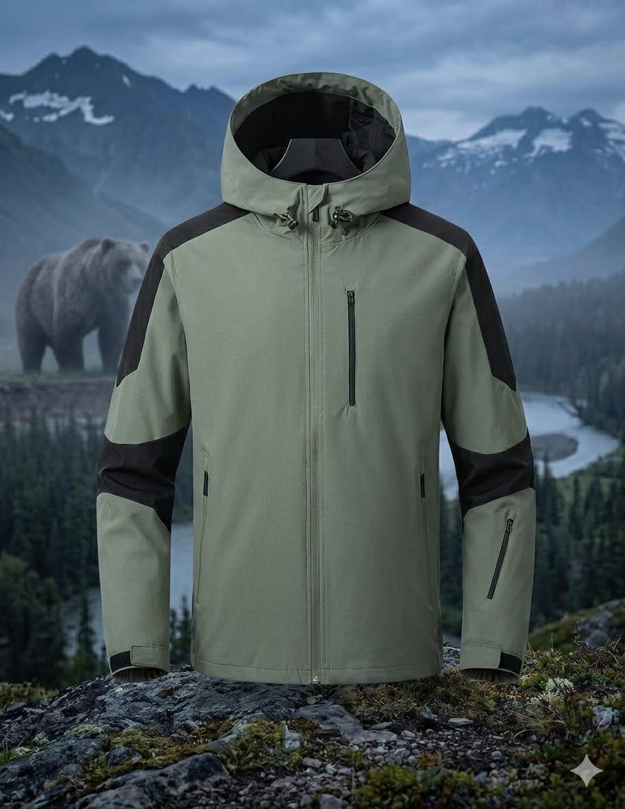 Green and black jacket on a mountainous landscape with a bear and river.