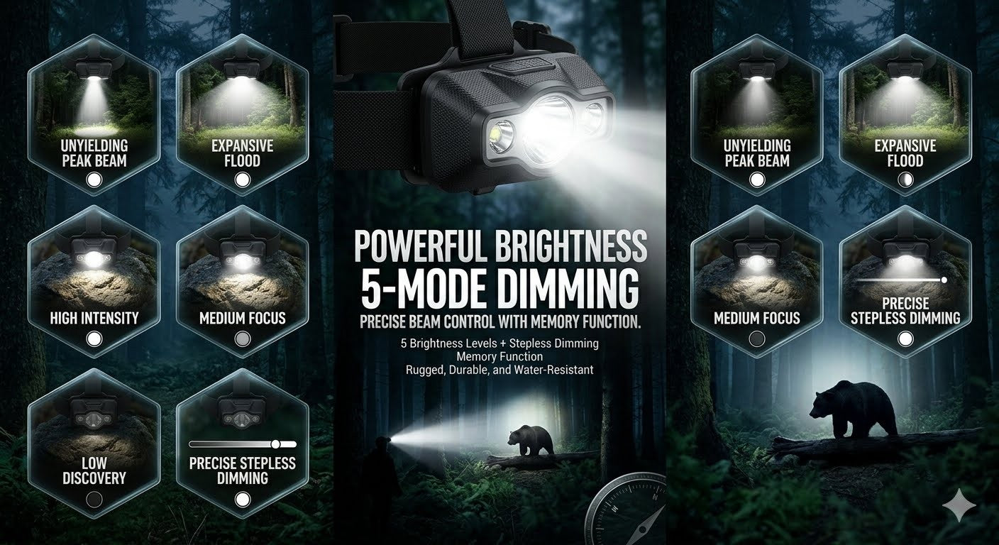 “Close-up of a waterproof rechargeable headlamp with a USB-C cable plugged into a hidden port, resting on a wet rock in a rainy forest setting with a bear in the background.”