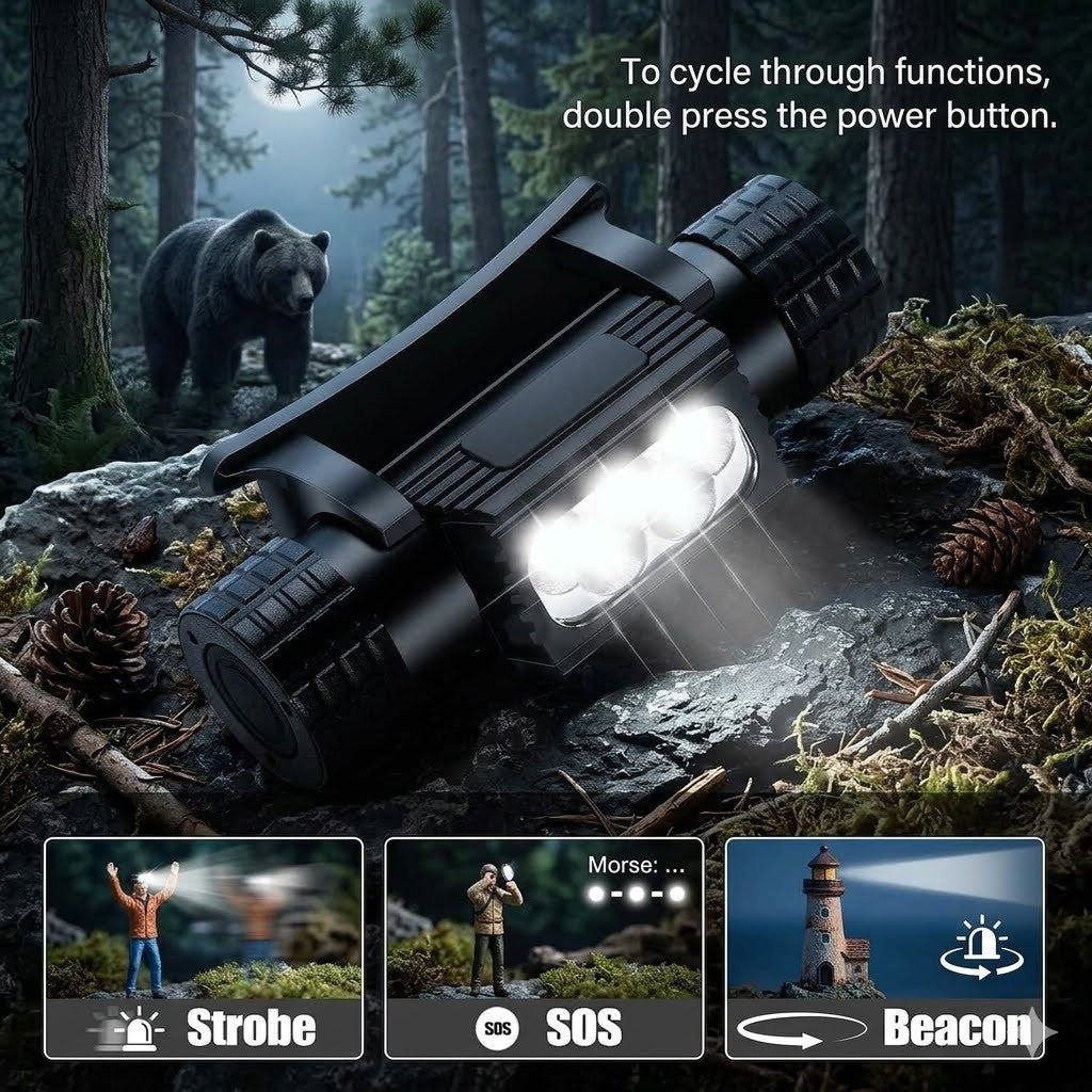 “Graphic showing the three strobe light modes of a 5-LED headlamp—Strobe, SOS, and Beacon—rearranged in a wilderness scene with a bear and hikers.”