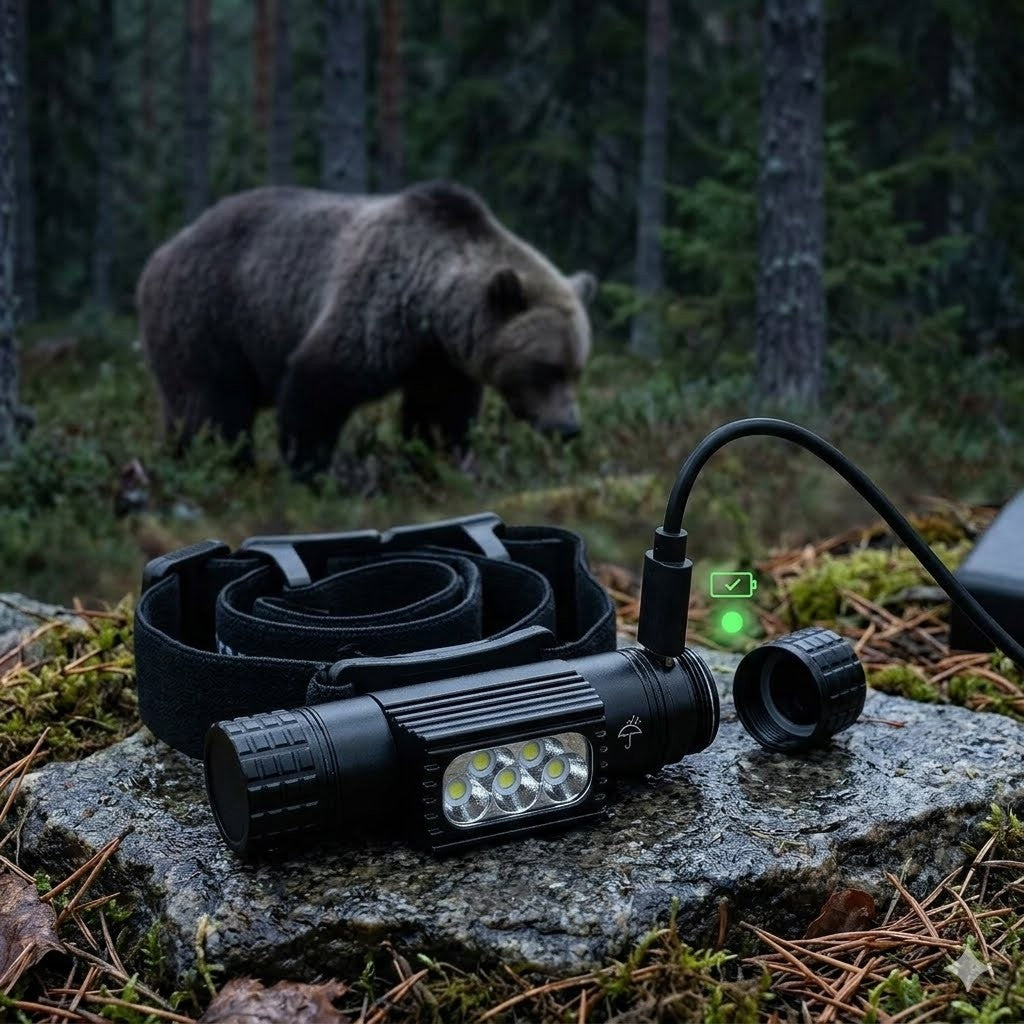 “Graphic showing the three strobe light modes of a 5-LED headlamp—Strobe, SOS, and Beacon—rearranged in a wilderness scene with a bear and hikers.”