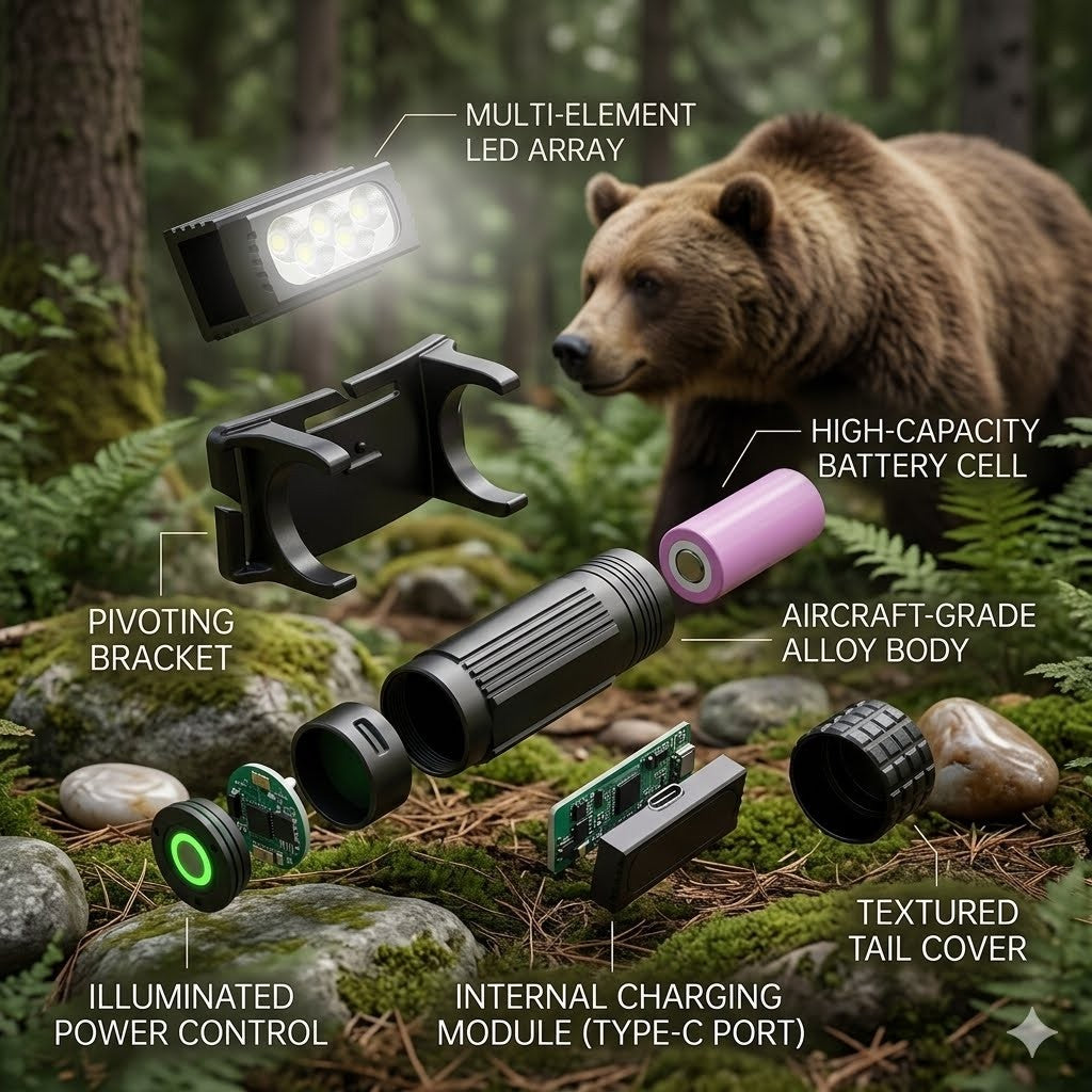 “Illustration of a 180-degree adjustable beam range on a professional headlamp, featuring a runner with a dog on a night trail and a bear watching from the woods.”