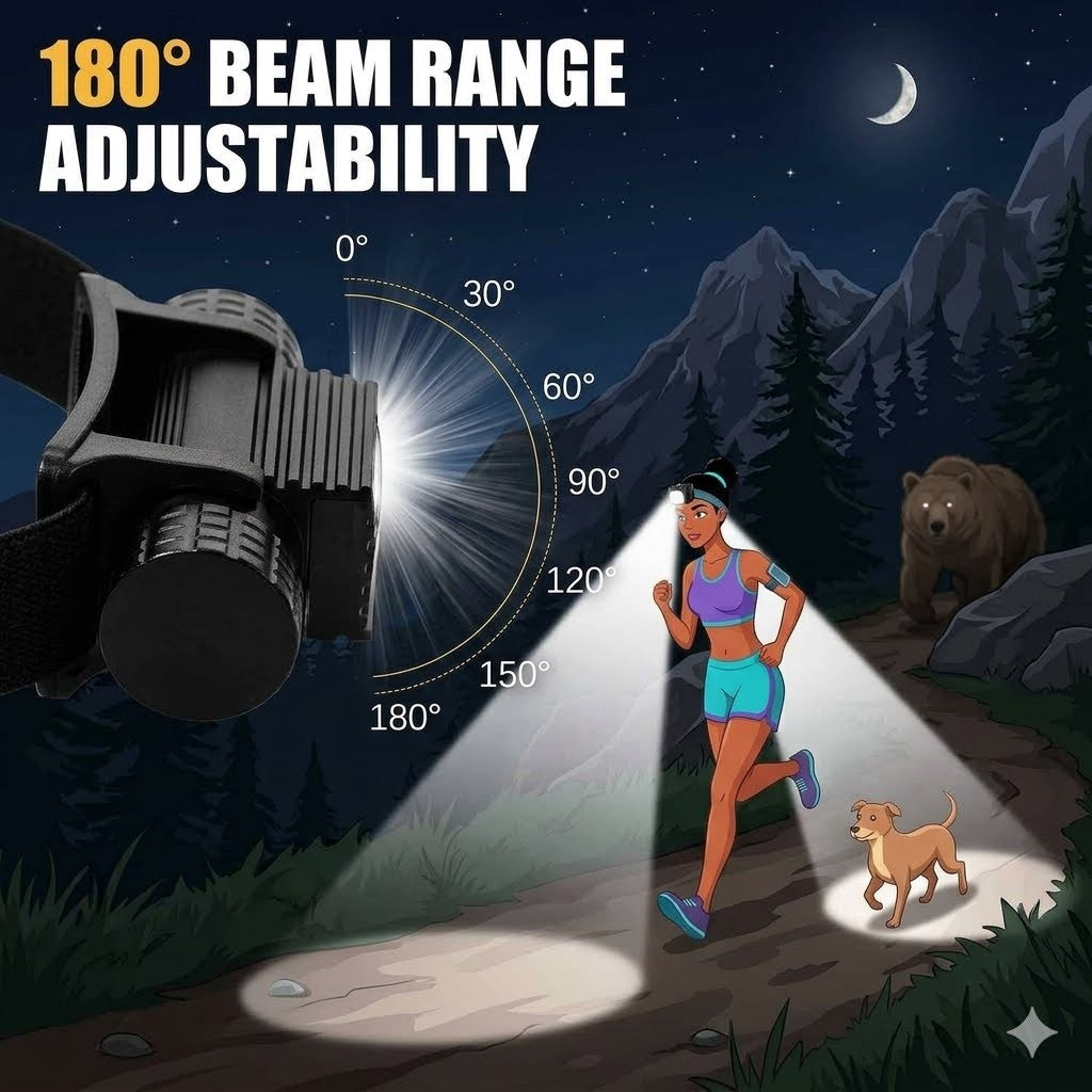 “Graphic showing the three strobe light modes of a 5-LED headlamp—Strobe, SOS, and Beacon—rearranged in a wilderness scene with a bear and hikers.”